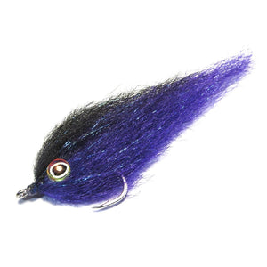 A single Just Add H2O Sculpted Baitfish Streamer saltwater flats fly in purple and black, on a white background.