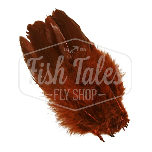A bundle of brown Wapsi Schlappen Feathers used for fly tying on a white background with Fish Tales logo watermark.