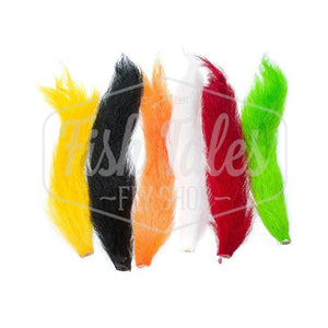 Group of six different colored whole Hook and Hackle calf tails for fly tying, on a white background.