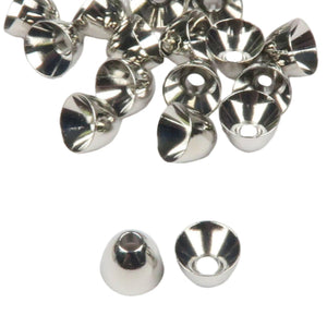 A group of silver colored Hareline Alaska Brass Cone Heads on a white background.
