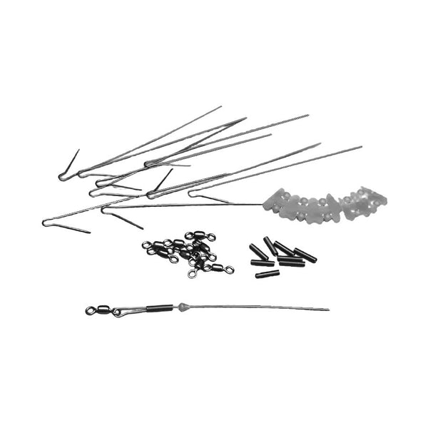 A loose set of 10 Hareline Bling Tail Connector Kit, shown on a white background with one fully assembled.