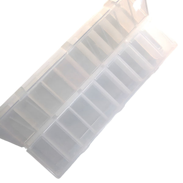 A clear acrylic Hareline Hook Box Pro with multiple compartments, designed for storing fly tying hooks and beads, against a white background.