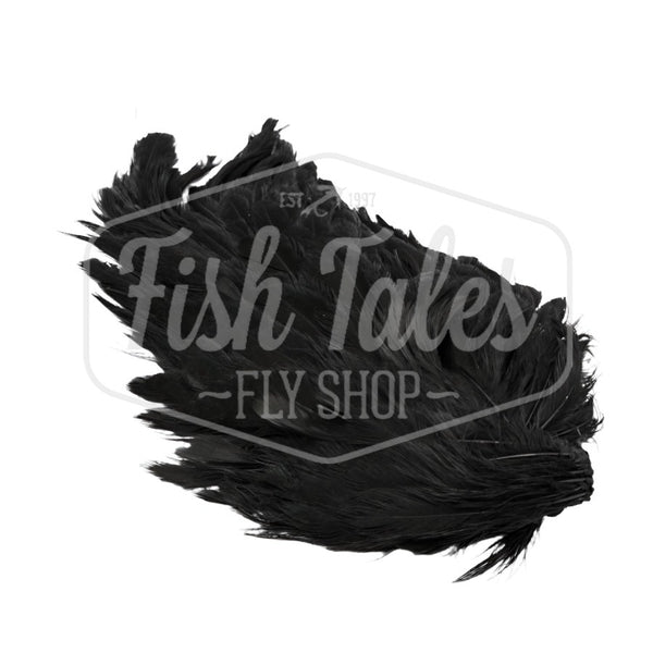 Black variant of the Hareline India Hen Back, full of fly tying feathers, on a white background. 