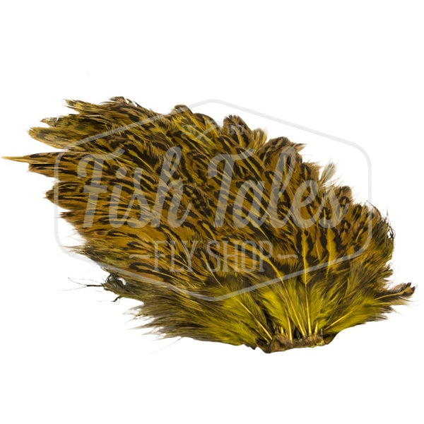 Dyed olive variant of the Hareline India Hen Back, full of fly tying feathers, on a white background. 