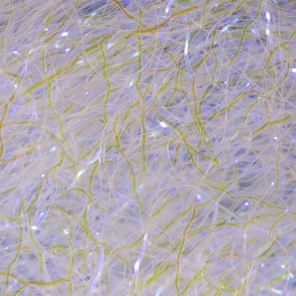 A close-up image of uv pearl Hareline Ripple Ice Fiber, showing the shiny and characteristically crinkled strands.