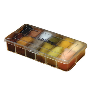A transparent plastic dispenser filled with various colored Hareline Superfine Dry Fly Dubbing for fly-tying, on a white background.