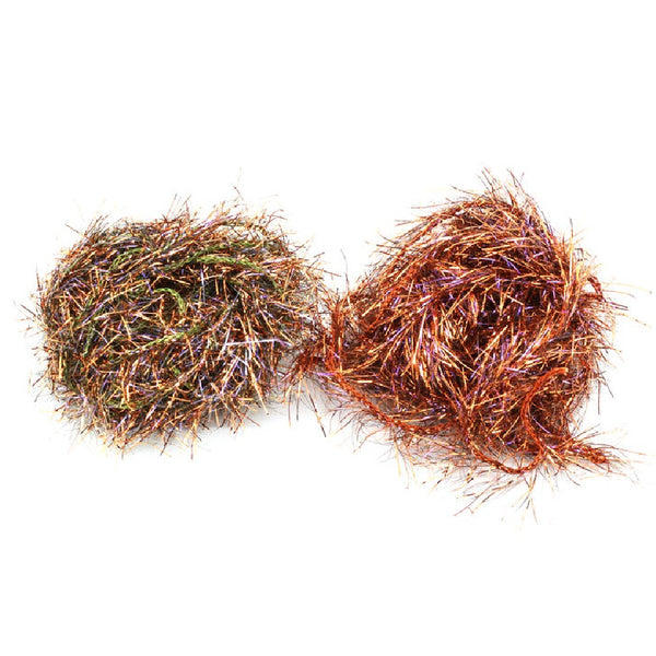 Two bundles of Hareline UV Polar Chenille in metallic colors for fly tying on a white background.