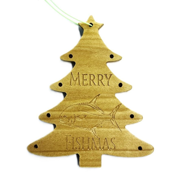 Wooden Christmas tree ornament with 'Merry Fishmas' text and permit fish design on a white background.