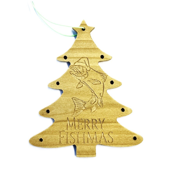 Wooden Christmas tree ornament with 'Merry Fishmas' text and santa trout fish design on a white background.
