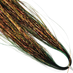 A skein of Hedron Dichromatic Flashabou Magnum for fly tying in olive and orange, on a white background.
