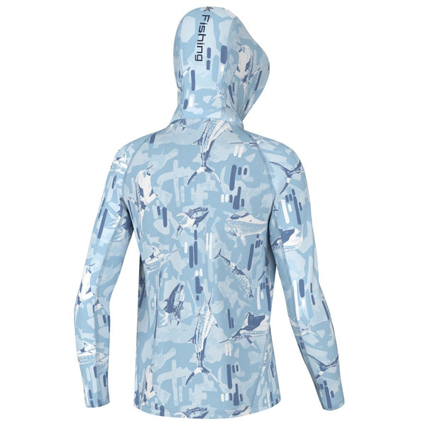 rear view of a single blue and white huk kids apex vert sun hoody on a white background