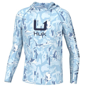front view of a single blue and white huk kids apex vert sun hoody with huk logo on a white background