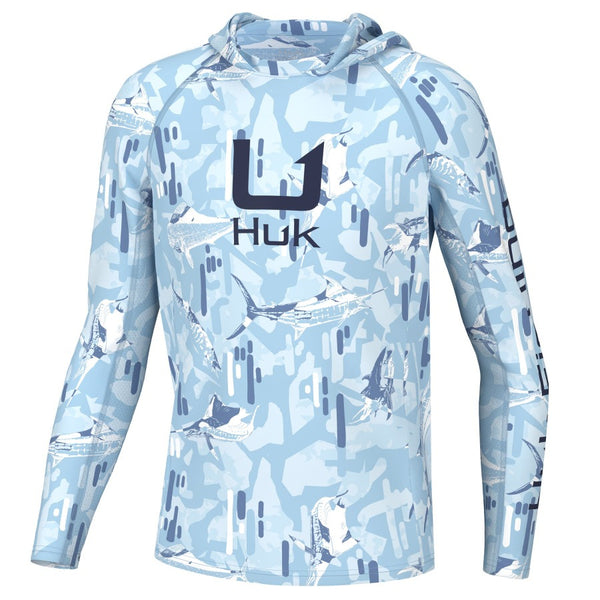 front view of a single blue and white huk kids apex vert sun hoody with huk logo on a white background