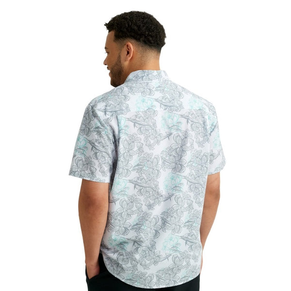 back view of a man wearing a kc desert rose print white and grey huk fishing men's kona button down short sleeve shirt on a white background