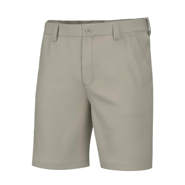 front view of a pair of khaki huk fishing mens pursuit 8.5 inch shorts on a white background