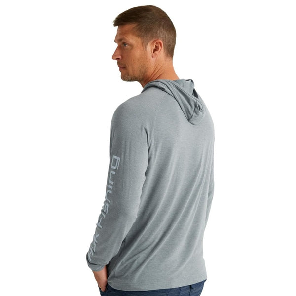 back view of a man wearing a night owl grey huk fishing men's waypoint performance sun hoody on a white background