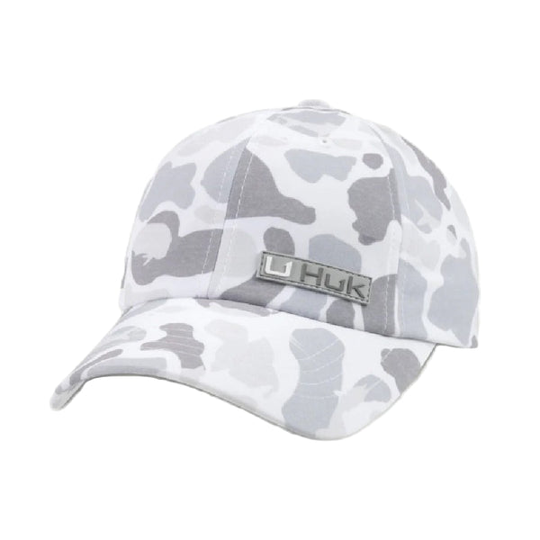 Gray camouflage Huk Women's Pony Tail Hat with logo on a white background.