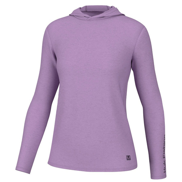 front view of a lilac purple huk fishing womens waypoint performance long sleeved sun hoody on a white background