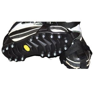 A pair of black Icers anti-skid oversoles with replaceable cleats, designed for winter activities on a white background.