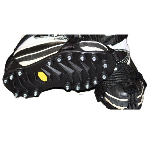 A pair of black Icers anti-skid oversoles with replaceable cleats, designed for winter activities on a white background.