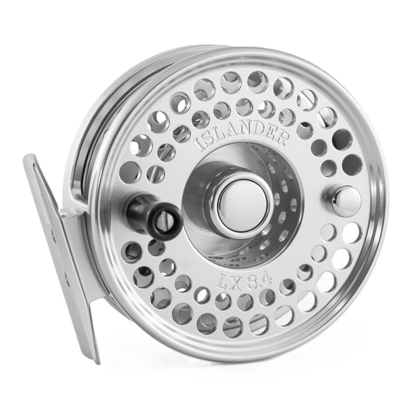 Silver (clear) Islander LX fly fishing reel on a white background.