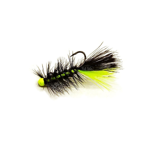 A Jailbreak Balanced Leech fly tied with a black and chartreuse body, a bright chartreuse bead head, and a jig hook in balanced style on a white background. 
