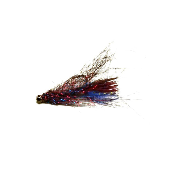 A Balanced Leech fly tied with blue and maroon colors and a jig hook in balanced style on a white background. 