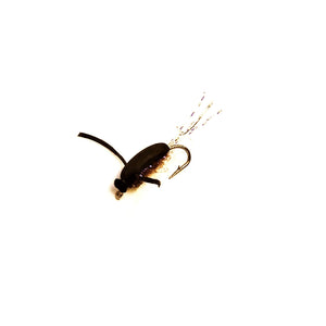 A black Foam Boatman fly with a Krystal Flash tail, on a white background.