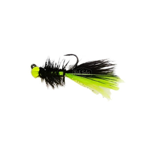 A Jailbreak Jig Leech fly tied with a black and chartreuse body, a bright chartreuse bead head, and a jig hook on a white background. 
