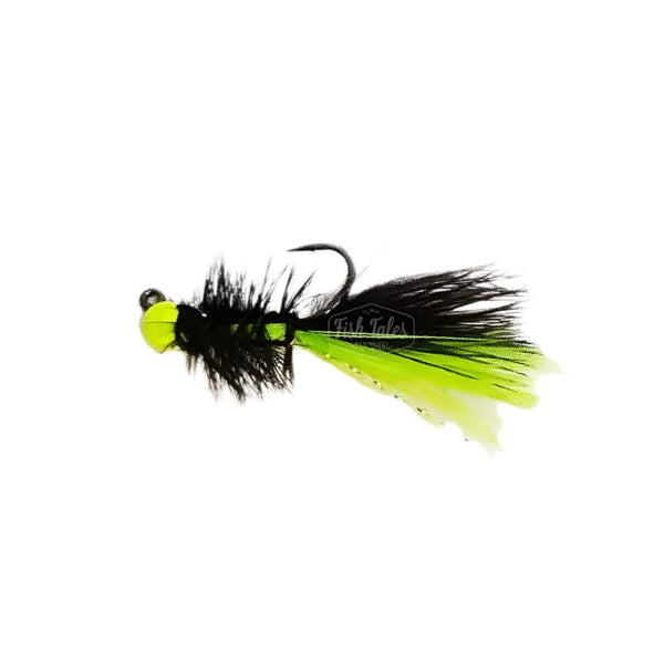 A Jailbreak Jig Leech fly tied with a black and chartreuse body, a bright chartreuse bead head, and a jig hook on a white background. 
