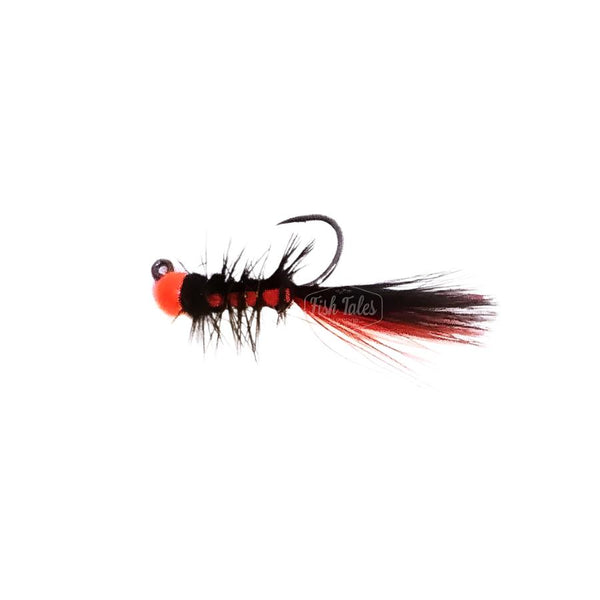 A Jailbreak Jig Leech fly tied with a black and orange body, a bright orange bead head, and a jig hook on a white background. 