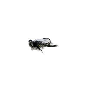 A jig style Black Widow Weevil Nymph fly with shiny black materials, a large black nickel bead head and jig hook on a white background.