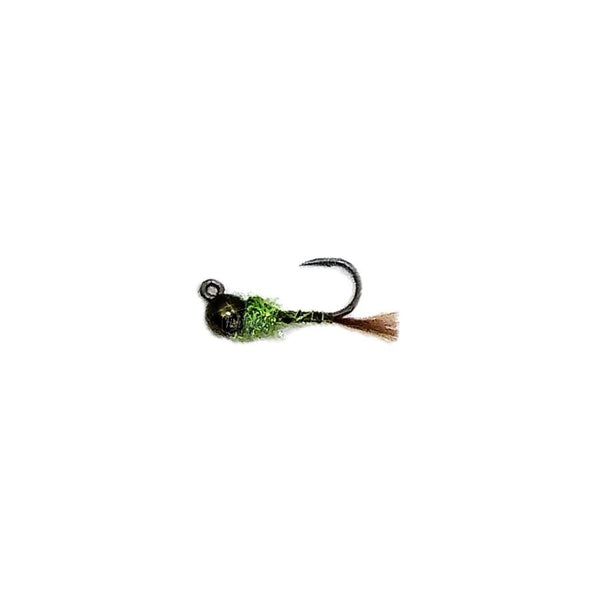 A jig style BWO Killer Nymph fly with blue winged olive colors, a large black nickel bead head and jig hook on a white background.