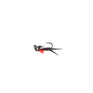 A jig style Prince Nymph fly with black and orange materials, a large nickel bead head and jig hook on a white background.