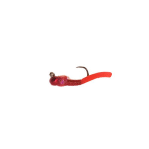 A jig style Jelly Worm fly with red materials, a shiny red bead head and jig hook on a white background.
