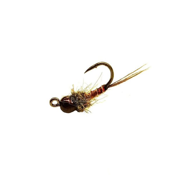 A jig style Pheasant Tail Nymph fly with brown materials, a large coffee colored bead head and jig hook on a white background.