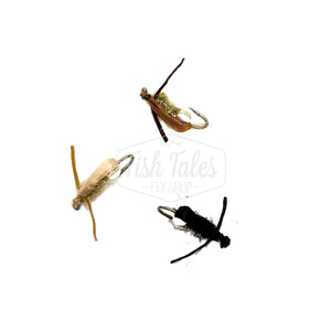 Three Wagler's Boatman flies with a raffia-backed design and a clear glass bead on the underbody, positioned against a white background.
