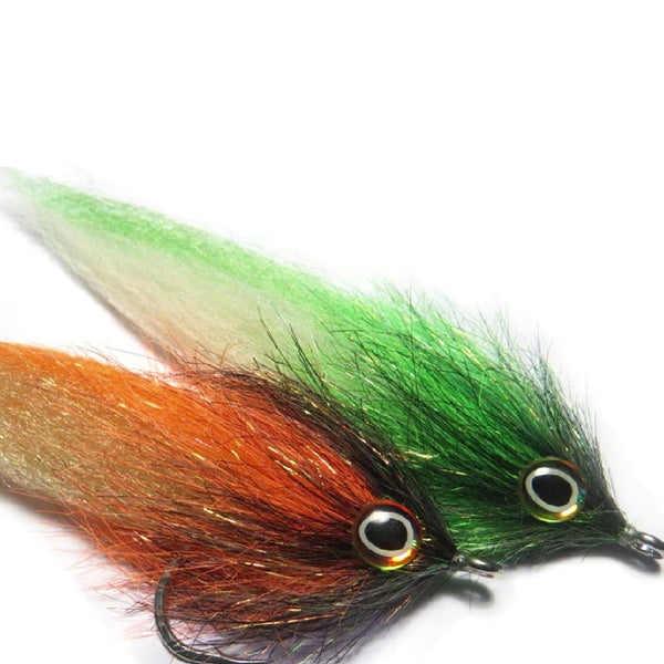 A pair of fly fishing baitfish streamers tied with Just H2O Frenzy Fly Fiber Brushes in multiple colors, on a white background.