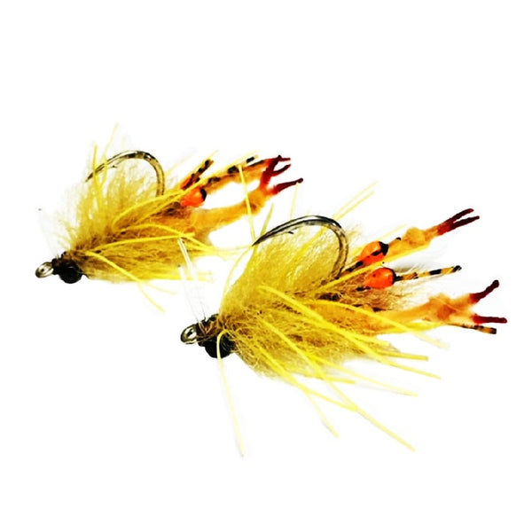 A sample pair of crab flies tied for fly fishing using the Just Add H2O Lively Legs Crustacean Brushes, against a white background.