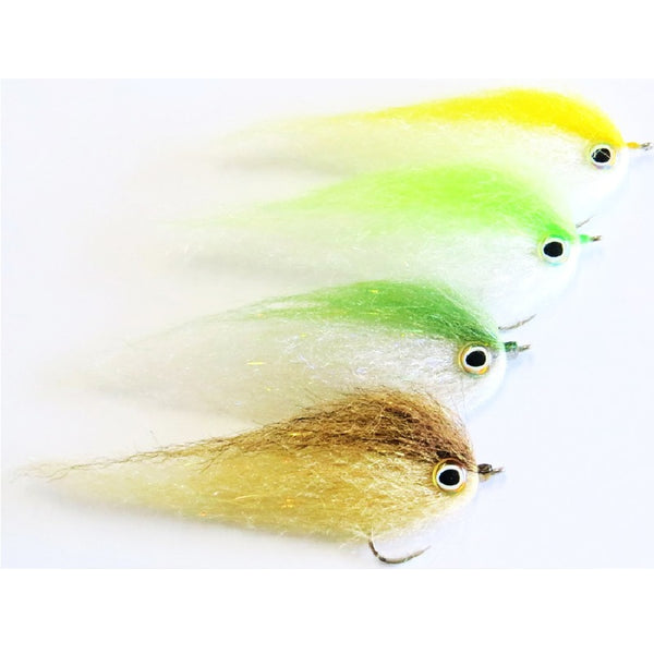 Several baitfish fishing flies tied with Just Add H2O Sculpting Flash Fiber on a white background