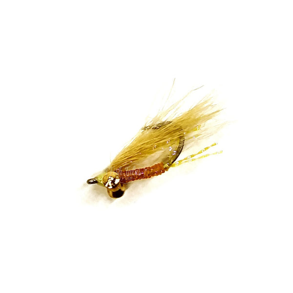 A Christmas Island Special bonefish fly in tan and orange with gold barbell eyes on a white background.