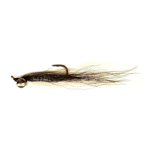 A Clouser Minnow Streamer fly in black and white with silver barbell eyes on a white background.