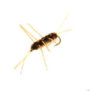 A leggy chenille stonefly nymph fly in black and brown with tan floss legs on a white background.