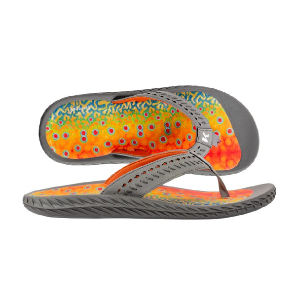 A pair of Korkers Men's Fish Flip Sandals with a grey rubber outsole, featuring a multicolored fish print on  the top surface, on a white background.