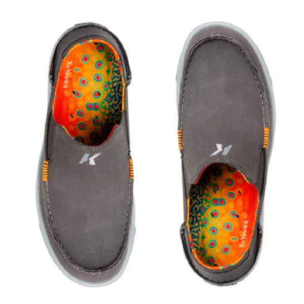 A pair of grey slip-on Korkers Men's Fish Moc shoes showing the brook trout interior, on a white background.