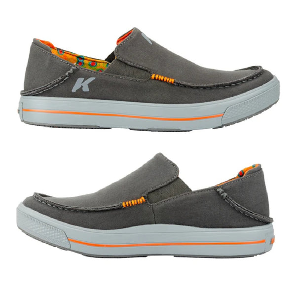 A pair of grey slip-on Korkers Men's Fish Moc shoes showing the brook trout interior, on a white background.