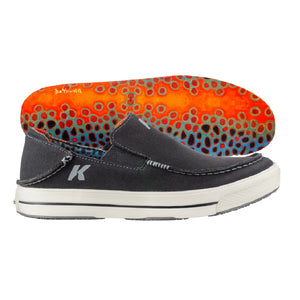 A black slip-on Korkers Men's Fish Moc shoe showing the brown trout interior, on a white background.