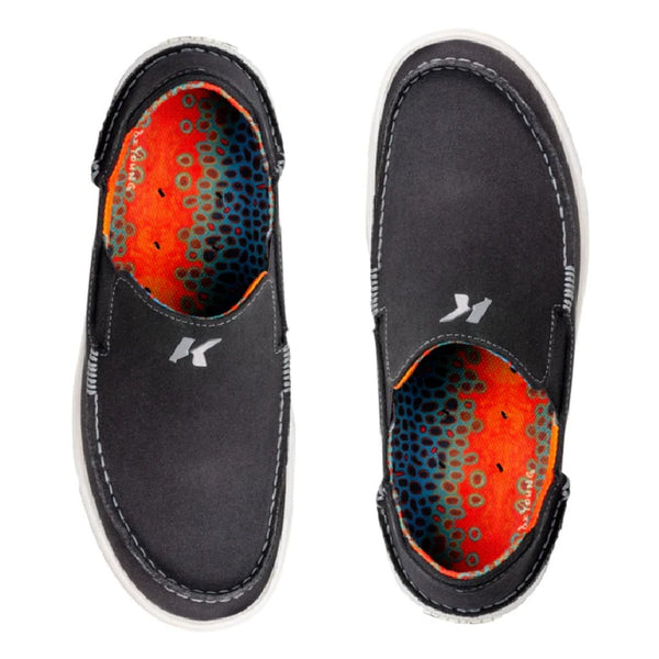 A pair of black slip-on Korkers Men's Fish Moc shoes showing the brown trout interior, on a white background.