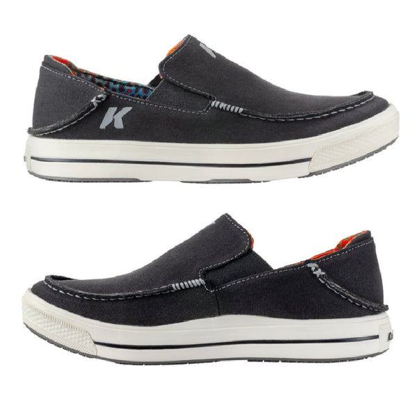A pair of black slip-on Korkers Men's Fish Moc shoes showing the brown trout interior, on a white background.