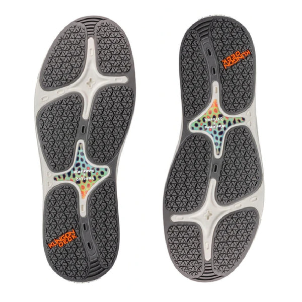 A pair of black slip-on Korkers Men's Fish Moc shoes showing the sole details, on a white background.
